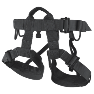 A black 307 MOUNTAIN WARFARE LITE climbing harness with two straps.