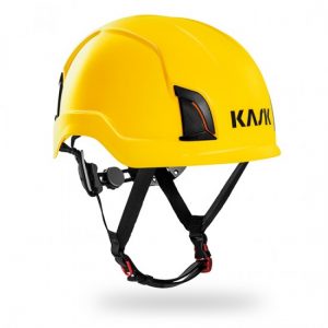 A yellow 7009FR KASK ZENITH E-RATED HELMET - NOMEX FR SUSPENSION WEBBING with the word kma on it.