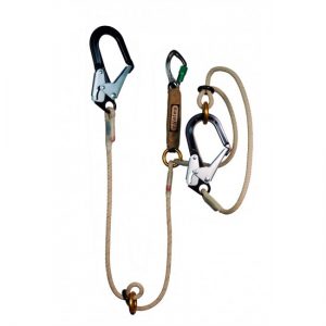 A 874 NEW FR 100% TIE OFF & TIE-BACK, 6 FT. W/6-12FT. FREE FALL POTENTIAL lanyard with two hooks and a carabiner.