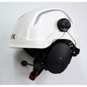 A TUFFTALK LITE HARD HAT MOUNTED EARMUFF SYSTEM with a microphone attached to it.