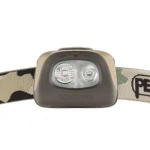 A PETZL TACTIKKA +RGB - DESERT TAN headlamp with a camouflage strap.