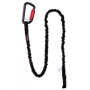 A black BUNGEE TOOL TETHER - W/CARABINER with a red carabiner.