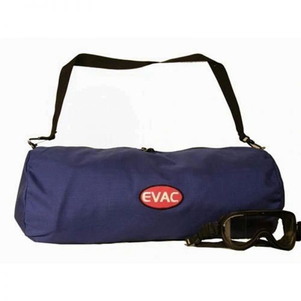 A blue medium duffel bag with the word evac on it.