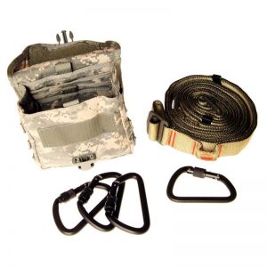 A camouflage pouch with WARFIGHTER MEDIC™ SKED-EVAC® YAK™ STRAP and carabiners.