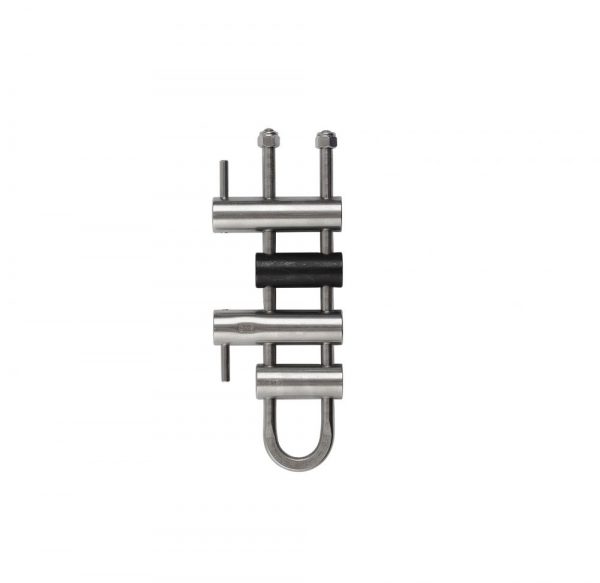A stainless steel NFPA 4 Bar U-Rack with a black handle on a white background.
