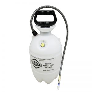 A white HydraSim® 3 gallon refill tank with a hose attached to it.