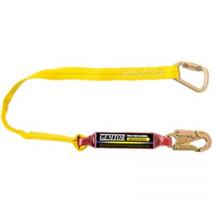 A yellow Model # TB1101L6 - TB Series of Tie-Back Lanyards with a carabiner on it.