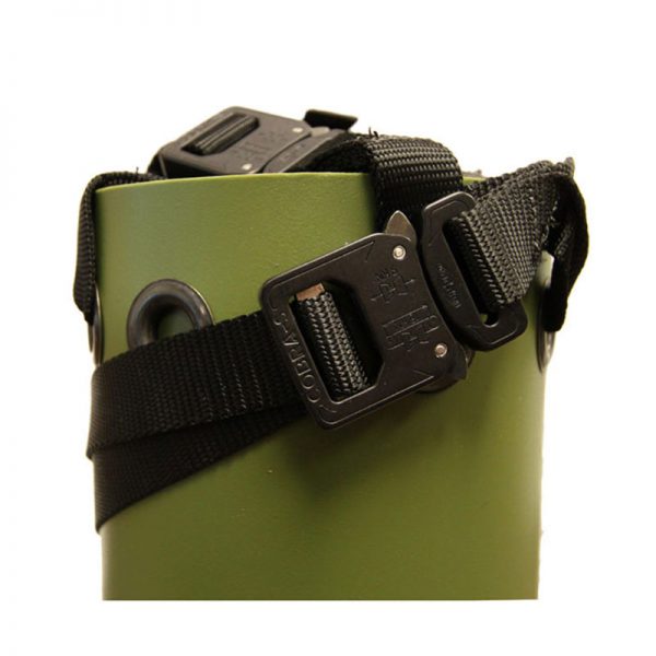 A PJ Sked® Rescue System with Cobra® Quick Release Buckles-O.D. Green with a black strap attached to it.