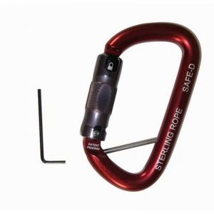 A red carabiner with a hook attached to it.