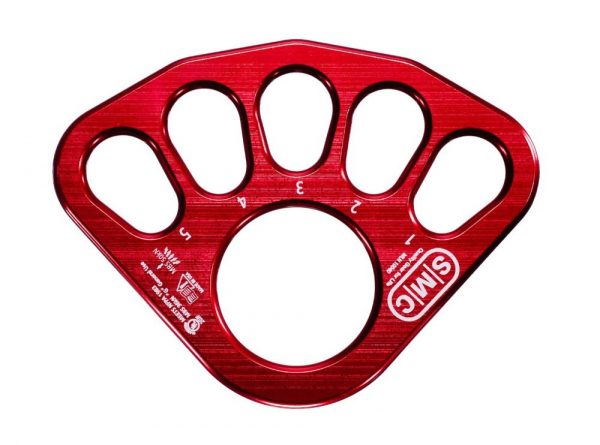 A NFPA Large Rigging Plate, Red metal paw shaped climber's sling.