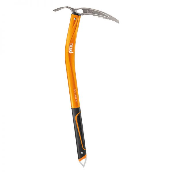 An orange and black climbing axe on a white background.