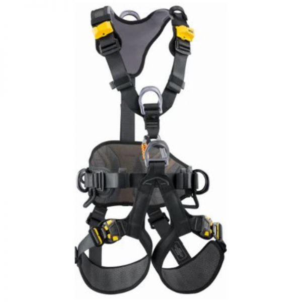 A black and yellow harness with yellow straps.