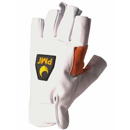 A PMI® Fingerless Belay Gloves XXS with an orange logo on it.