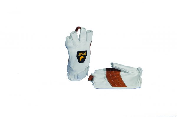 A pair of PMI® Fingerless Belay Gloves XXS on a white surface.