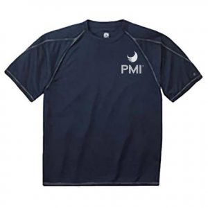 A navy PMI® Men's Double Dry Shirt with the word pmi on it.