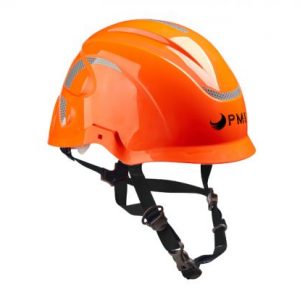 An orange safety helmet on a white background.