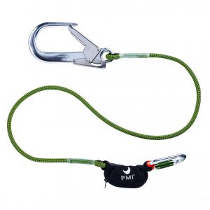A green PMI® Intercept Single Lanyard with a carabiner attached to it.