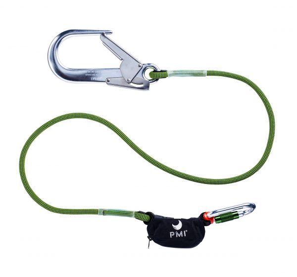 A green PMI® Intercept Single Lanyard with a carabiner attached to it.