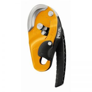 A yellow and black carabiner on a white background.