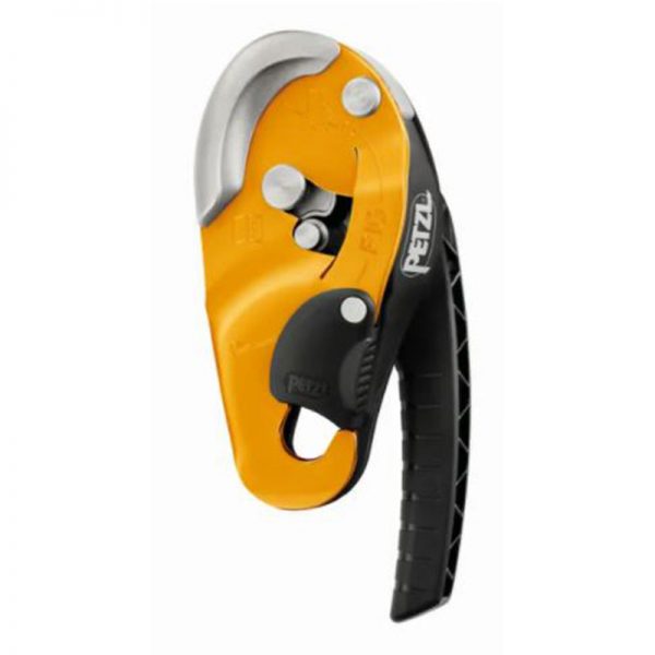 A yellow and black carabiner on a white background.