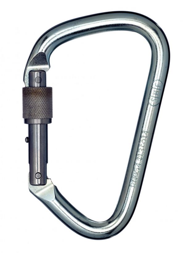 An Extra Large Steel Locking D, Bright carabiner on a white background.