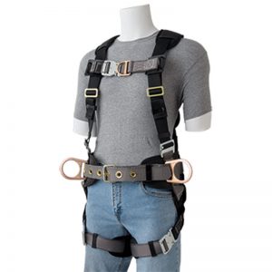 A High Visibility Fall Protection Vest - Elite Tower Climbing Harness with Seat Sling wearing a safety harness.