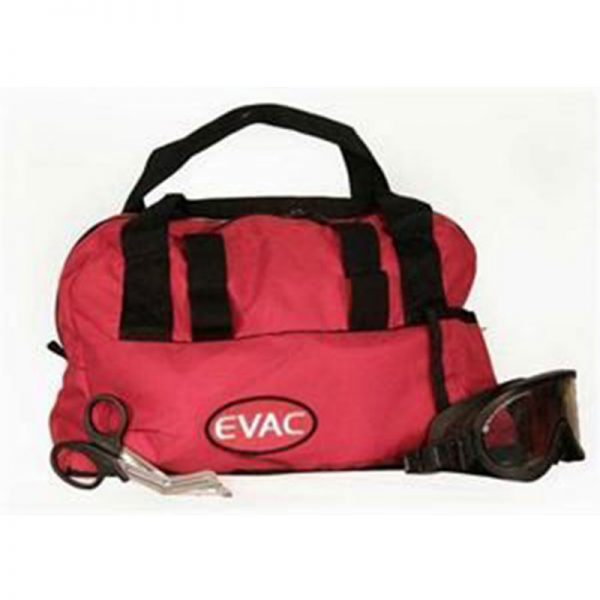 A red bag with EP044 SCBA PAK and a pair of goggles.