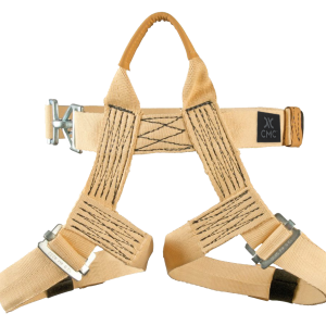 A fire escape harness with metal buckles and straps.