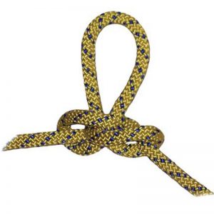 A yellow and blue knot on a white background, the 10 mm PMI® Water Rescue Rope.