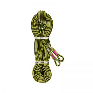 A yellow and black 10 mm PMI® Water Rescue Rope on a white background.