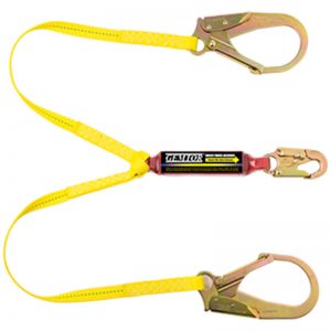 A pair of Model # SP1101NYZ6 - 100% Tie-off, Rebar Hooks - Soft-Pack Series safety lanyards on a white background.