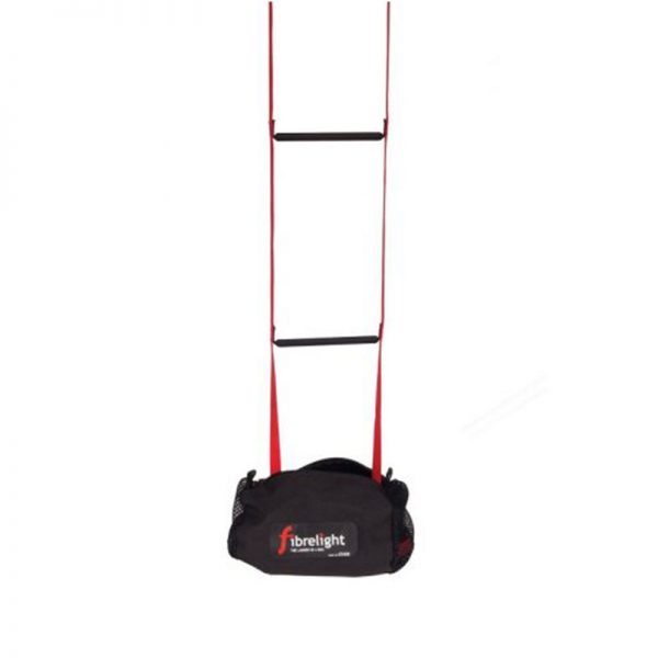 A black and red Fibrelight Ladder with a rope attached to it.