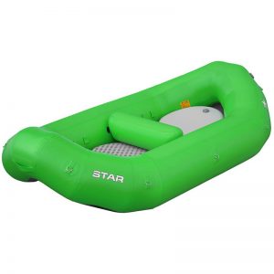 A STAR High Five Self-Bailing Raft with a seat and a paddle.