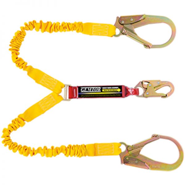 A pair of Model # SP1101ELYZ6 - 100% Tie-off, Elastic with Rebar Hooks - Soft-Pack Series safety lanyards with hooks.