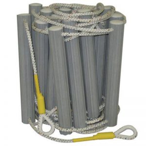 A gray Fibrelight Ladder with a yellow rope attached to it.