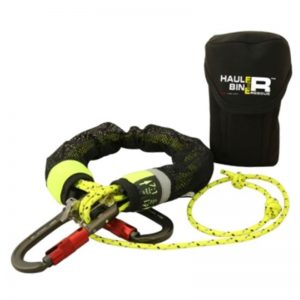 A black and yellow Fibrelight Ladder carabiner with a rope attached to it.