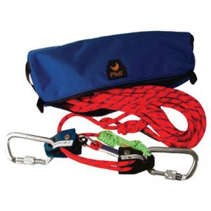 A blue Fibrelight Ladder with a rope and a carabiner.