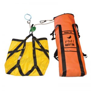 A yellow and orange Fibrelight Ladder safety harness with a bag attached to it.