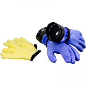 A pair of ZIP SEAL GLOVES - HEAVY DUTY WITH DAMS in blue and a pair of ZIP SEAL GLOVES - HEAVY DUTY WITH DAMS in yellow.