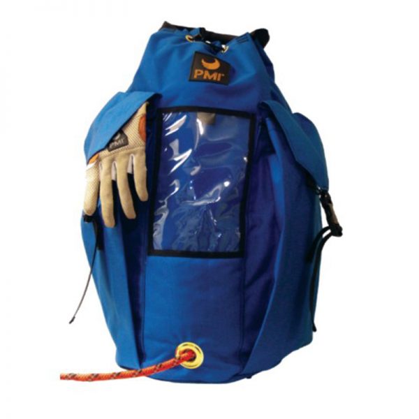 A blue PMI® Duffel bag with a pair of gloves and a pair of gloves.