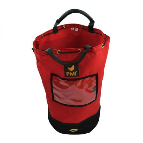 A red PMI® Duffel with a black handle.