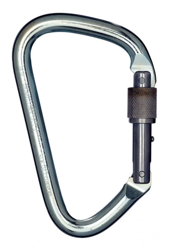 An Extra Large Steel Locking D, Bright carabiner on a white background.