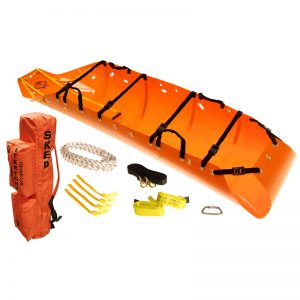 A Sked® Basic Rescue System – International Orange stretcher with ropes and accessories.