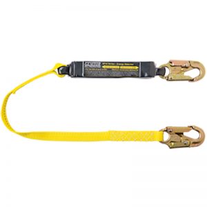 A yellow Model # SPX11L6 - SPx2 Series for Freefalls up to 12 ft. safety lanyard with a hook on it.