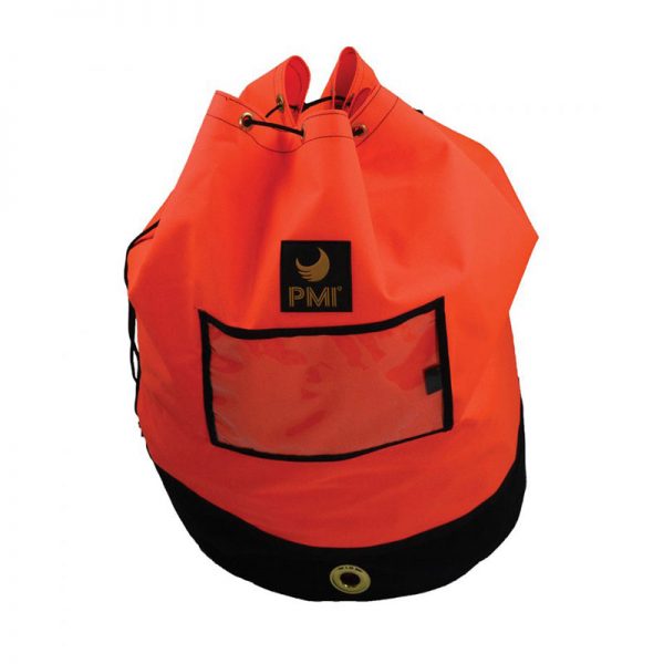 An orange and black PMI® Rope Pack with double layer black bottom Made in USA bag with a handle.
