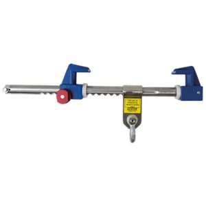 A blue and red Model # SBA-141 - Sliding Beam Anchor for 4" - 14" wide Beams - Beam Anchors clamp on a white background.