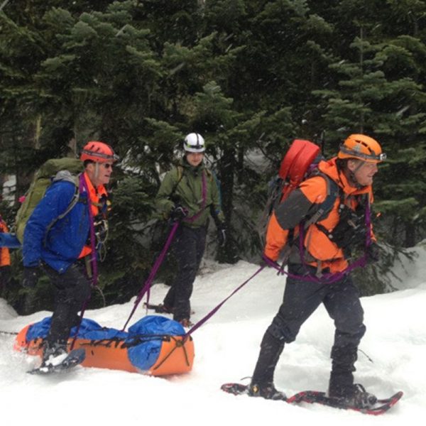 A group of people carrying a Sked® Basic Rescue System – International Orange down a snowy slope.