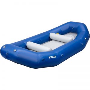 A blue STAR Outlaw 120 Self-Bailing Raft on a white background.