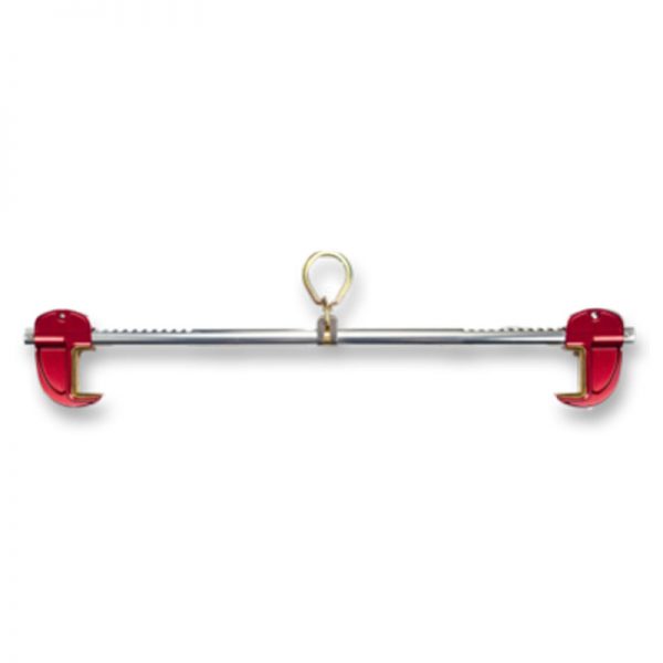 A red metal Model # SBA-302 - Sliding Beam Anchor for 12" - 30" wide Beams - Beam Anchors with a hook attached to it.