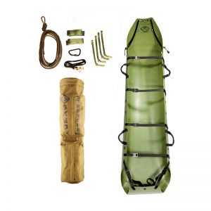 A green stretcher with straps and other equipment.
